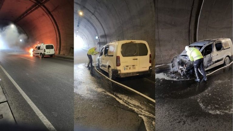Tüneldeki araç yandı, trafik ekipleri söndürdü