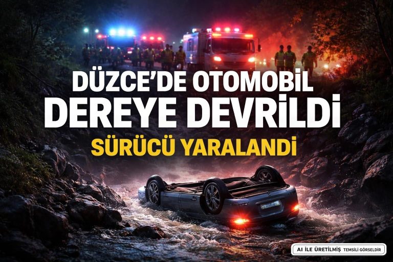 Düzce’de Otomobil Dereye Devrildi, Sürücü Yaralandı
