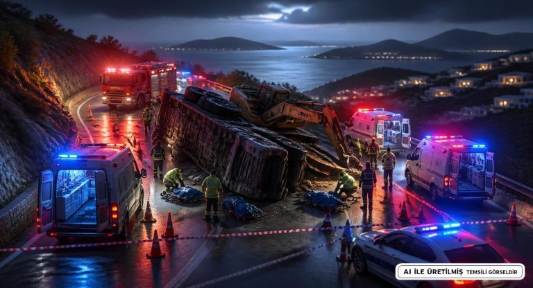 Bodrum’da İş Makinesi Taşıyan Kamyon Devrildi