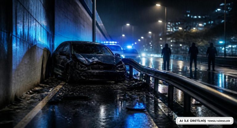 Yağıştan Kontrol Kaybeden Araç Duvara ve Bariyerlere Çarptı