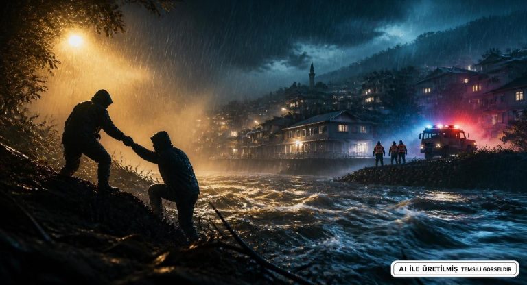 Tirebolu’da Dere Suları Yükseldi, İki Kişi Kurtarıldı