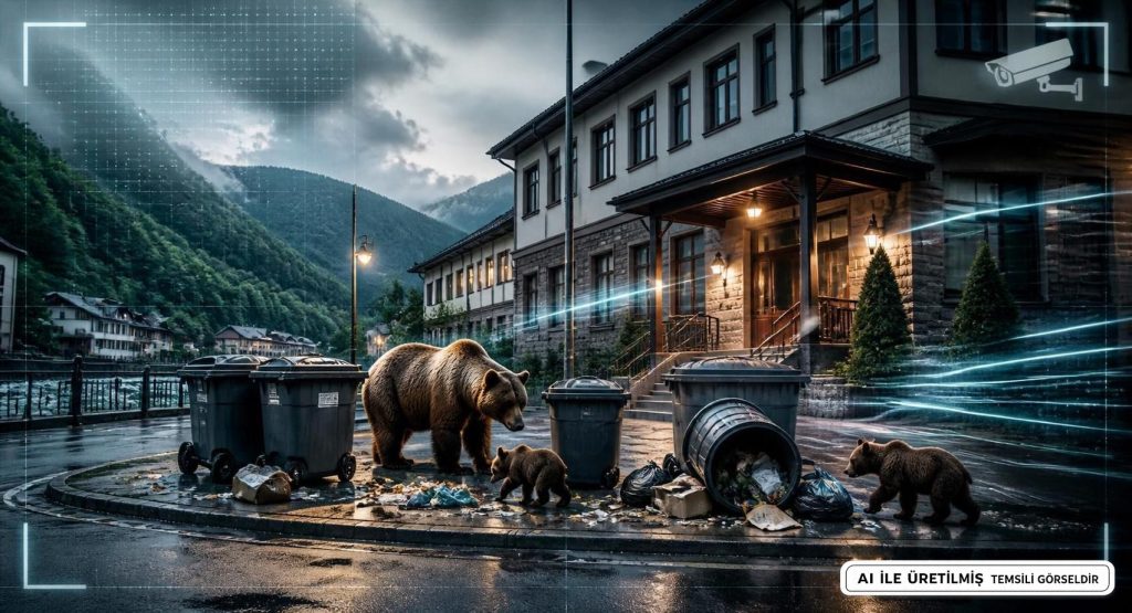 Rize'de Ayı Ailesi Çöp Konteynerlerini Karıştırdı